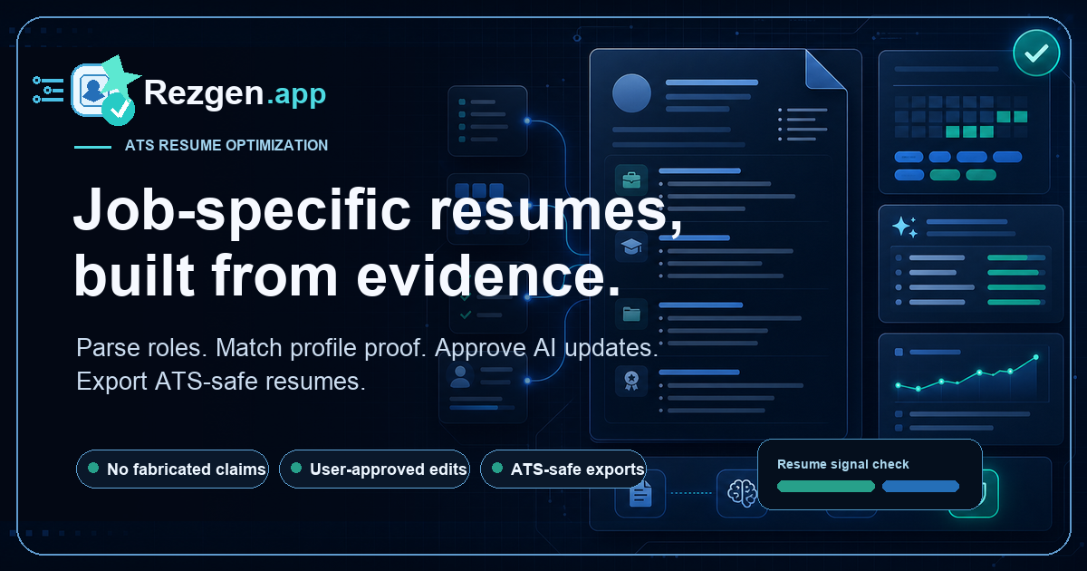 Rezgen.app ATS resume optimization preview with job keywords, AI suggestions, and resume export controls